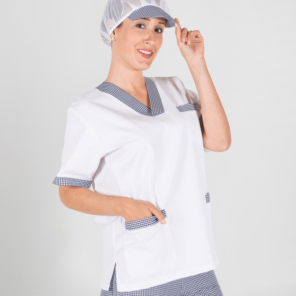 Blusa Sanitaria Punta Sarga Blanca Con Cuadros