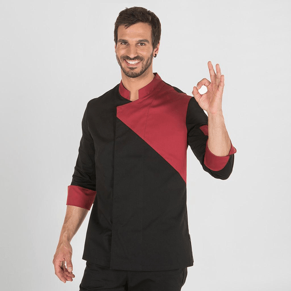 Chaqueta De Cocina Unisex Media-Larga Negra Combinada Burdeos
