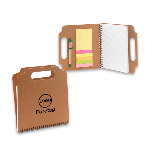 Anteckningsbok med penna och klisterlapp