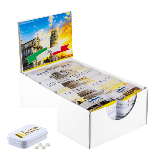 Displaylåda med burkar av myntverk